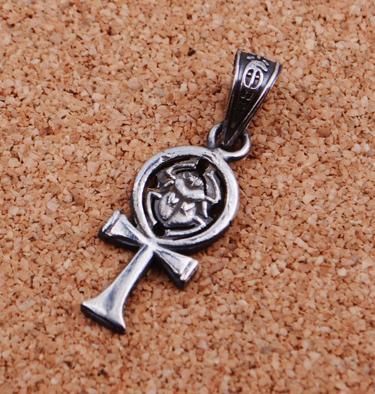 Egyptian Solid Silver Hallmarked Life Key Ankh With Scarab Pendant Charm