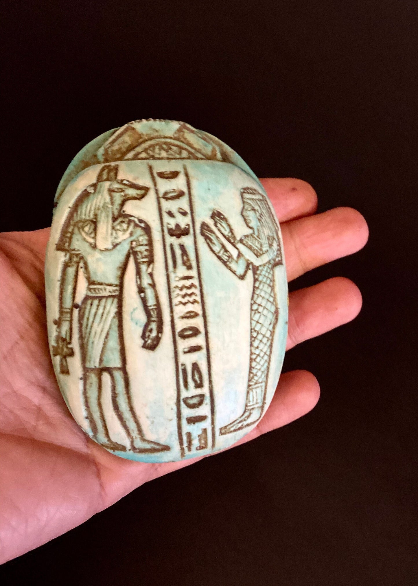 Large Superb CommemorativeFaience Scarab Khepri Beetle Statue , With Ancient Egyptian God Anubis (jackal headed)And Isis On Top