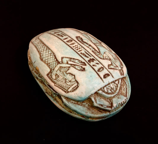 Large Superb CommemorativeFaience Scarab Khepri Beetle Statue , With Ancient Egyptian God Anubis (jackal headed)And Isis On Top