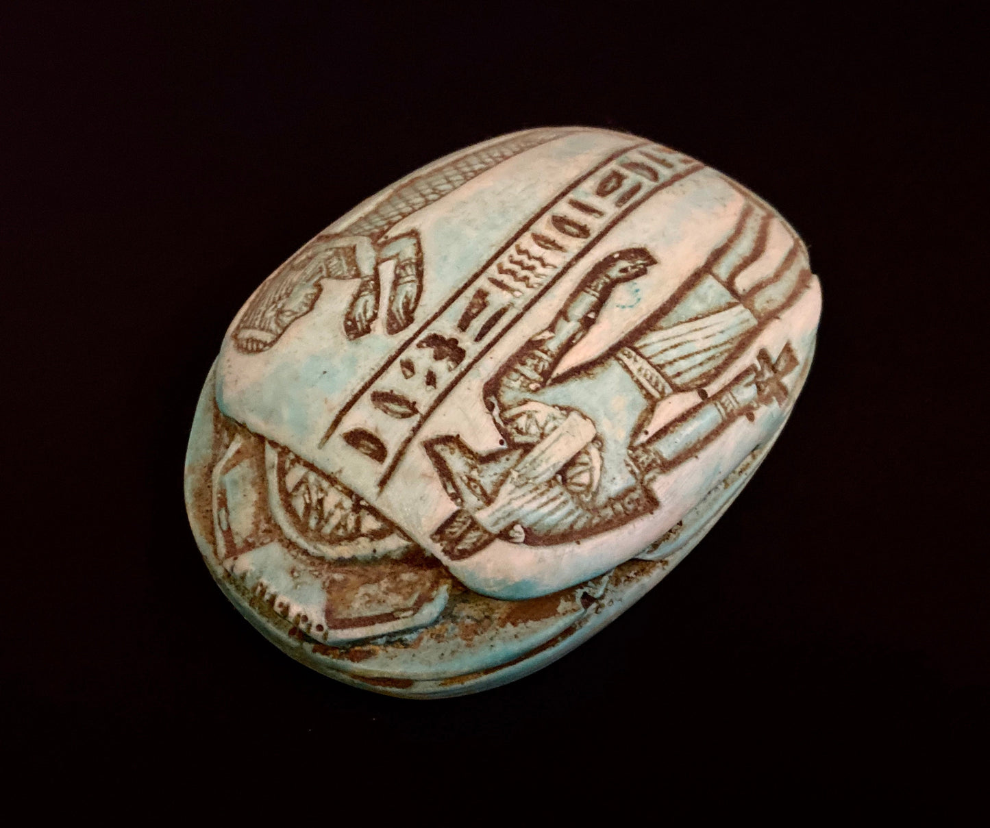 Large Superb CommemorativeFaience Scarab Khepri Beetle Statue , With Ancient Egyptian God Anubis (jackal headed)And Isis On Top