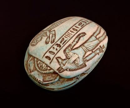 Large Superb CommemorativeFaience Scarab Khepri Beetle Statue , With Ancient Egyptian God Anubis (jackal headed)And Isis On Top