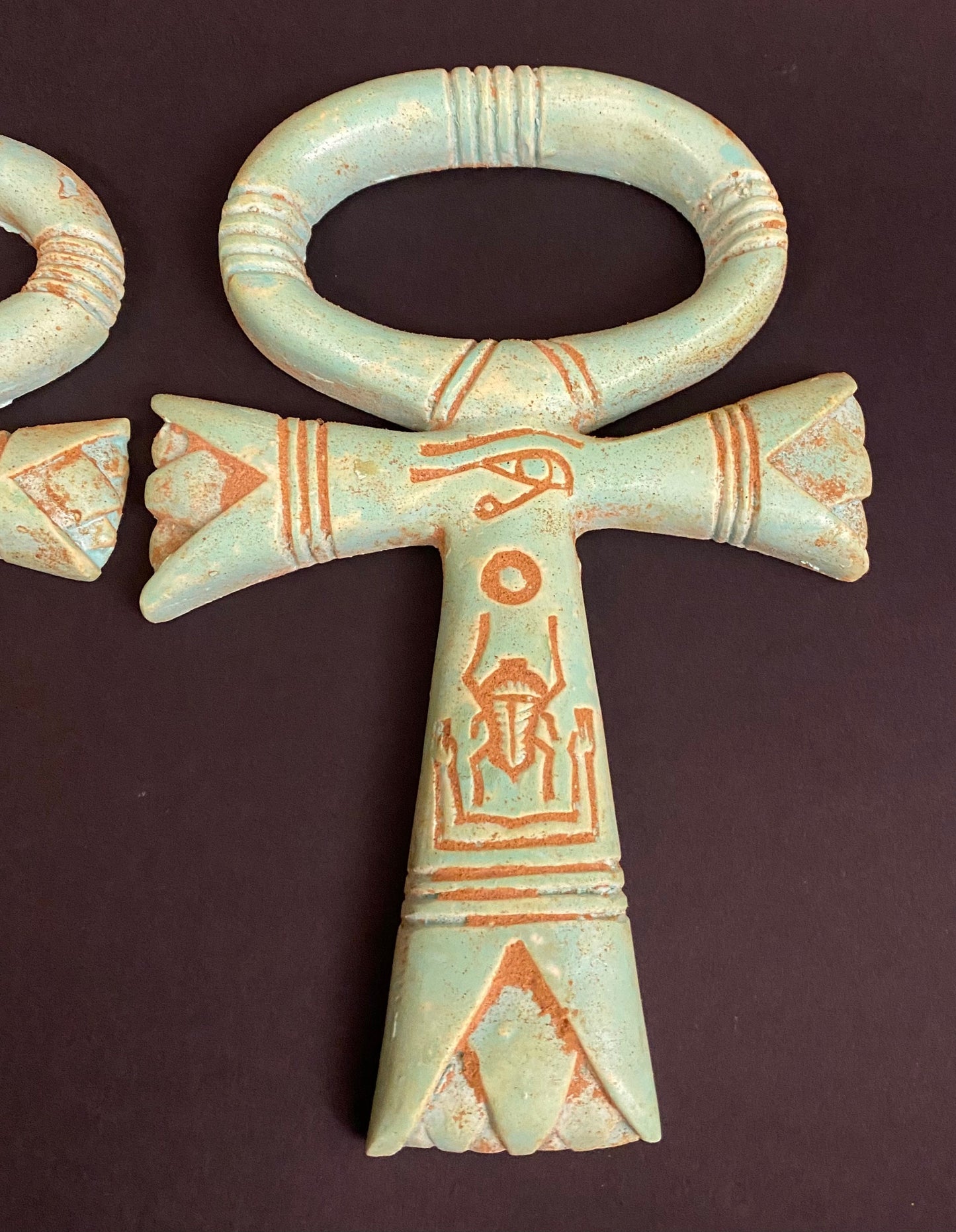 Magnificent Group Of 3 Faience Glazed Ankh Life Key Figures With Eye Of Horus On
