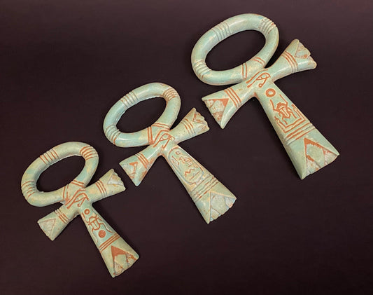 Magnificent Group Of 3 Faience Glazed Ankh Life Key Figures With Eye Of Horus On