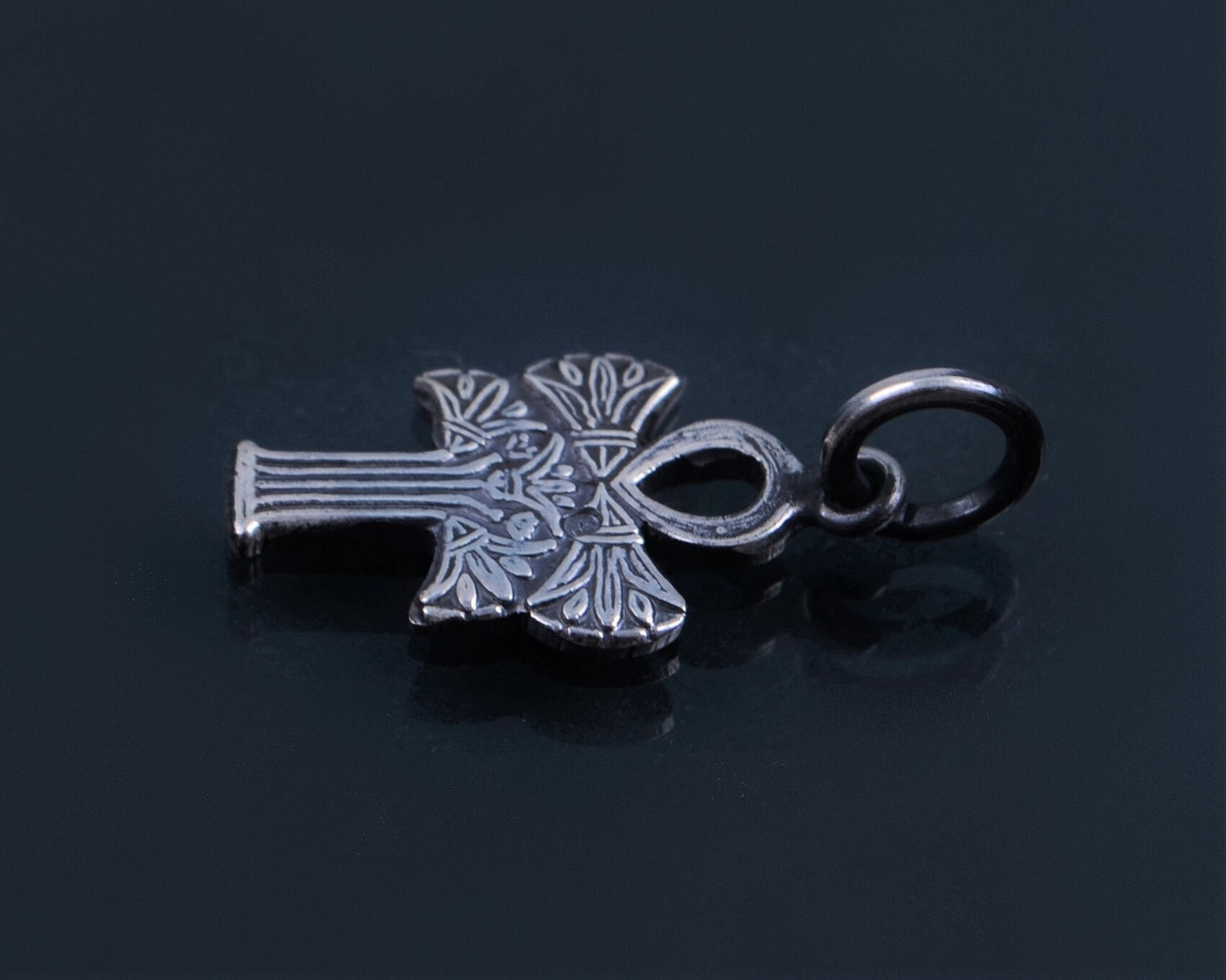 Egyptian Solid Silver Hallmarked Key Of Life Ankh Life Key Lotus Oxidized Pendant Charm