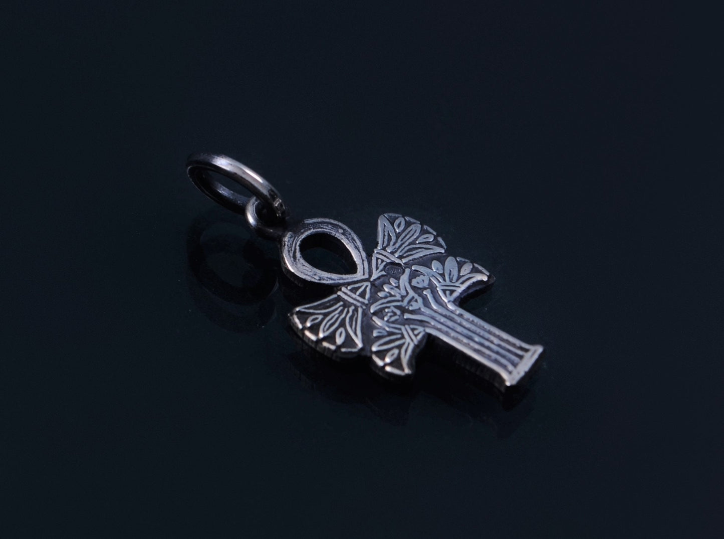Egyptian Solid Silver Hallmarked Key Of Life Ankh Life Key Lotus Oxidized Pendant Charm