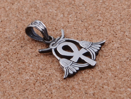 Egyptian Open Work Solid Silver Ankh Life Key Flanked By Two Lotus Flowers Pendant Charm