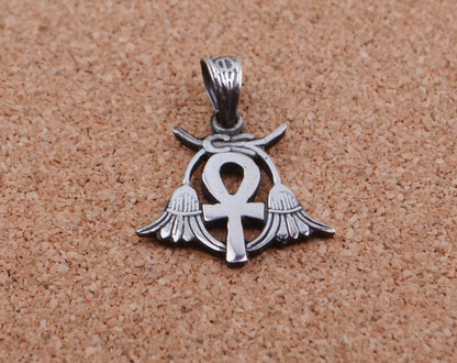 Egyptian Open Work Solid Silver Ankh Life Key Flanked By Two Lotus Flowers Pendant Charm