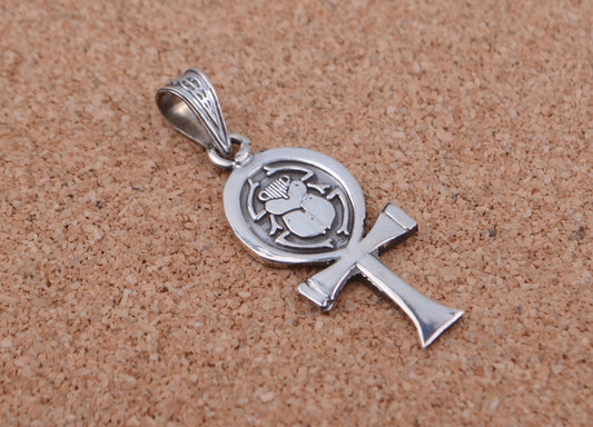 Shiny Egyptian Solid Silver Hallmarked Life Key Ankh With Scarab Pendant Charm Pendant Egyptian Jewelry