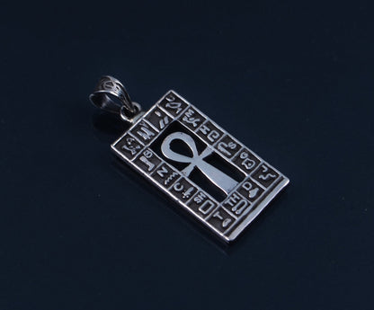 Lovely Egyptian Sterling Silver Hieroglyphics Framed Ankh life key Cross Pendant Charm