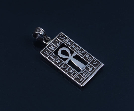 Lovely Egyptian Sterling Silver Hieroglyphics Framed Ankh life key Cross Pendant Charm