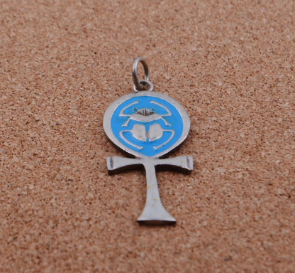 Lrg Egyptian Hand Made Sterling Silver enameled Ankh Life Key With Scarab Charm