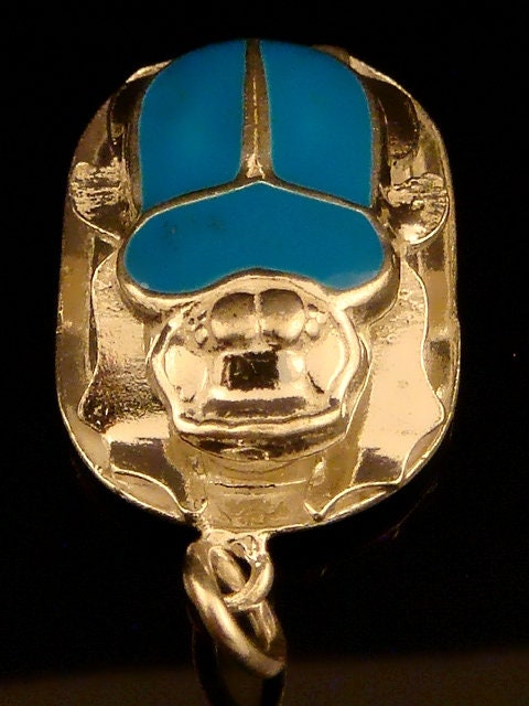 Large Egyptian Sterling Silver Turquoise Enamelled Scarab Luck Charm