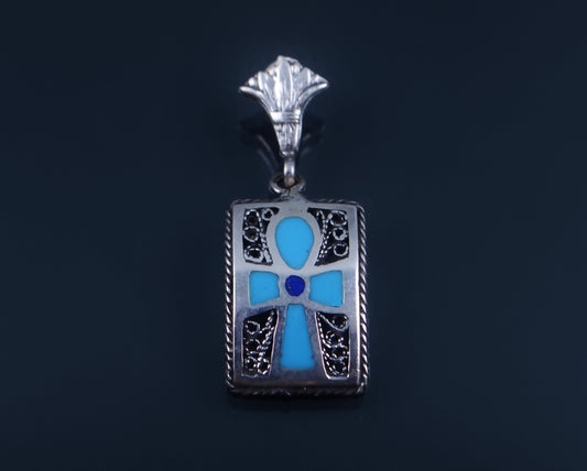 Egyptian Hand Made Sterling Solid Silver Inlaid Filigree Framed Ankh Life Key With Lotus Charm Pendant