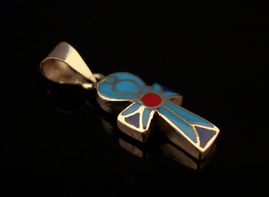 Egyptian Sterling Silver Inlaid Ankh life key Cross Charm Pendant