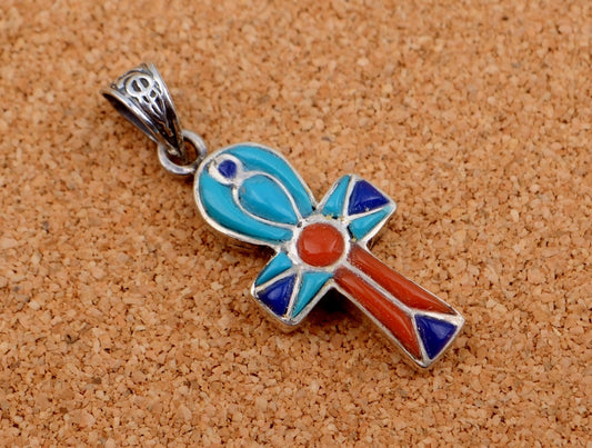 Amazing Egyptian Sterling Silver Raised Inlaid life key Cross Ankh Charm Pendant