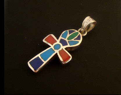 Egyptian Sterling Silver Inlaid life key Ankh Key of Life Pendant Charm With Lotus Inside