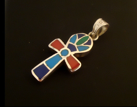 Egyptian Sterling Silver Inlaid life key Ankh Key of Life Pendant Charm With Lotus Inside