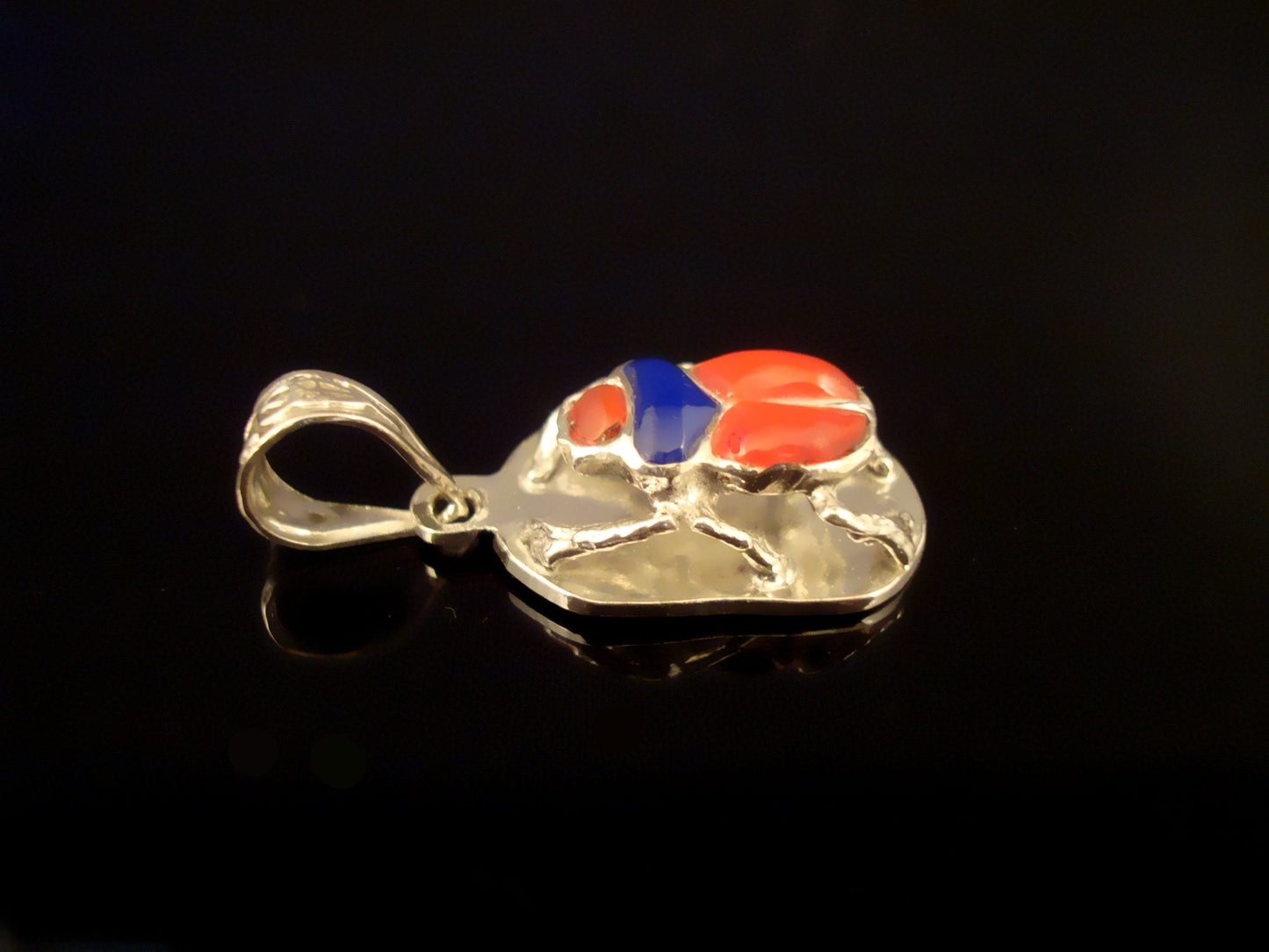 Egyptian Sterling Silver Detailed Colored Inlaid Scarab Pendant Charm