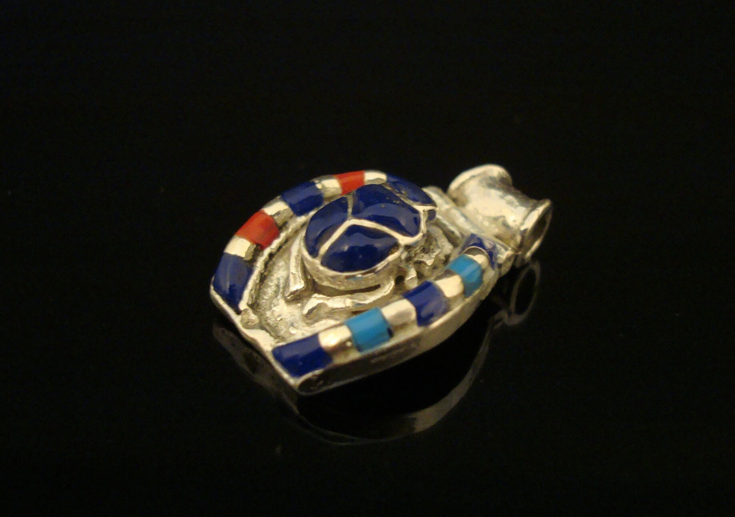 Large Egyptian Hand Crafted Sterling Scarab Inlaid Silver Luck Charm Pendant