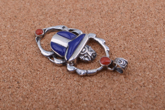 Unique Egyptian Hand Made Sterling Silver Inlaid Scarab Charm Pendant