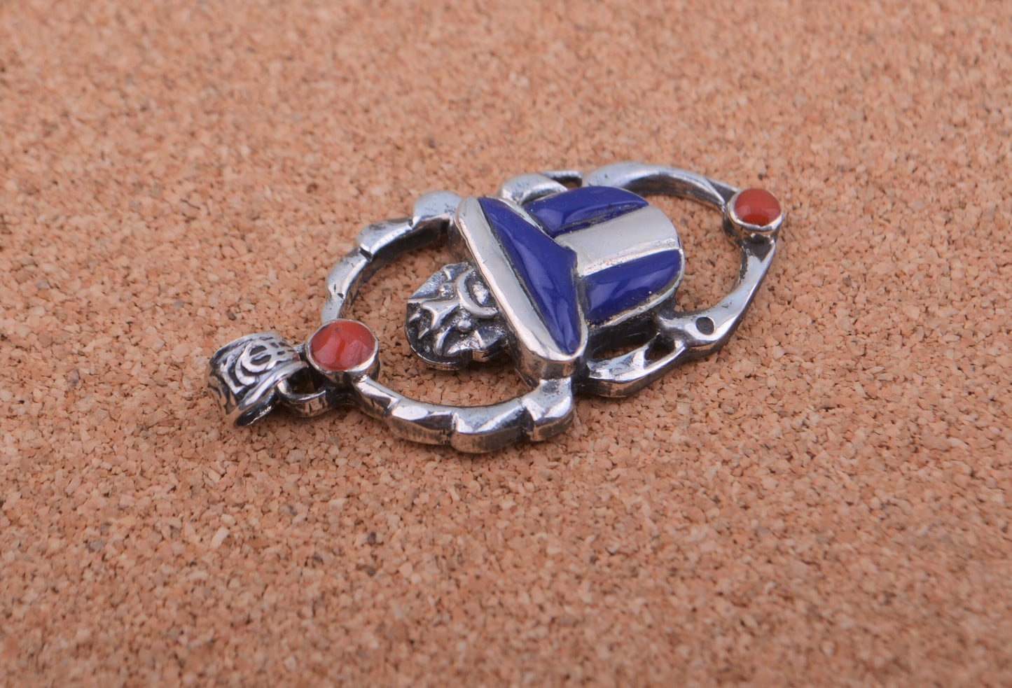 Unique Egyptian Hand Made Sterling Silver Inlaid Scarab Charm Pendant