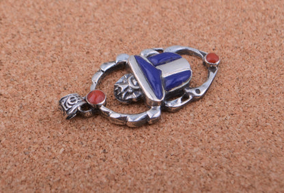 Unique Egyptian Hand Made Sterling Silver Inlaid Scarab Charm Pendant