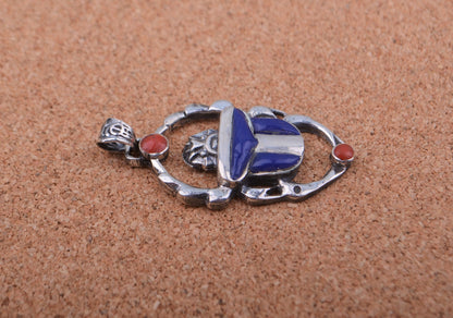 Unique Egyptian Hand Made Sterling Silver Inlaid Scarab Charm Pendant