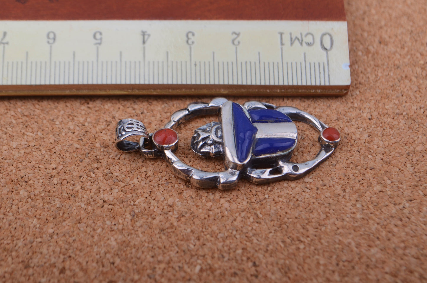 Unique Egyptian Hand Made Sterling Silver Inlaid Scarab Charm Pendant