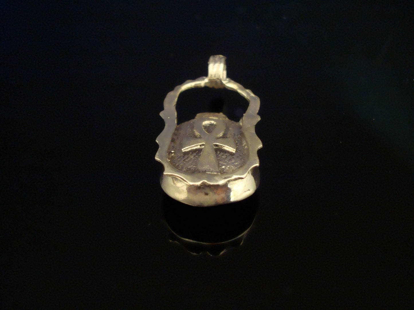 Fabulous Egyptian Hand Made Sterling Silver Inlaid Scarab With Ankh Pendant