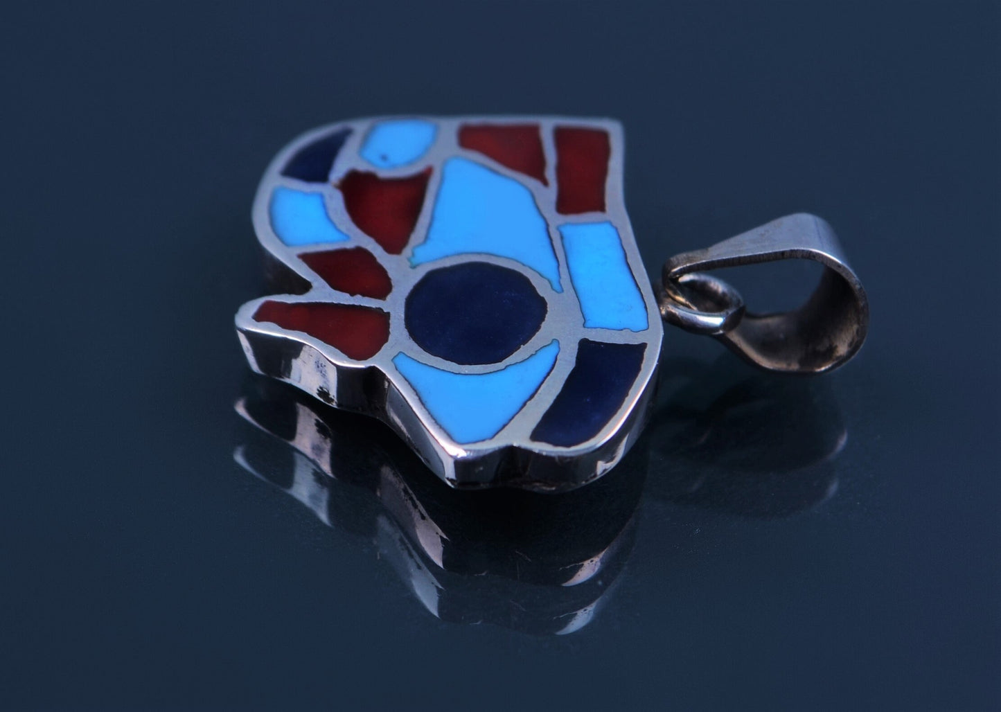 Egyptian Solid Sterling Silver Raised Colored Inlaid Eye Of Horus Charm Pendant