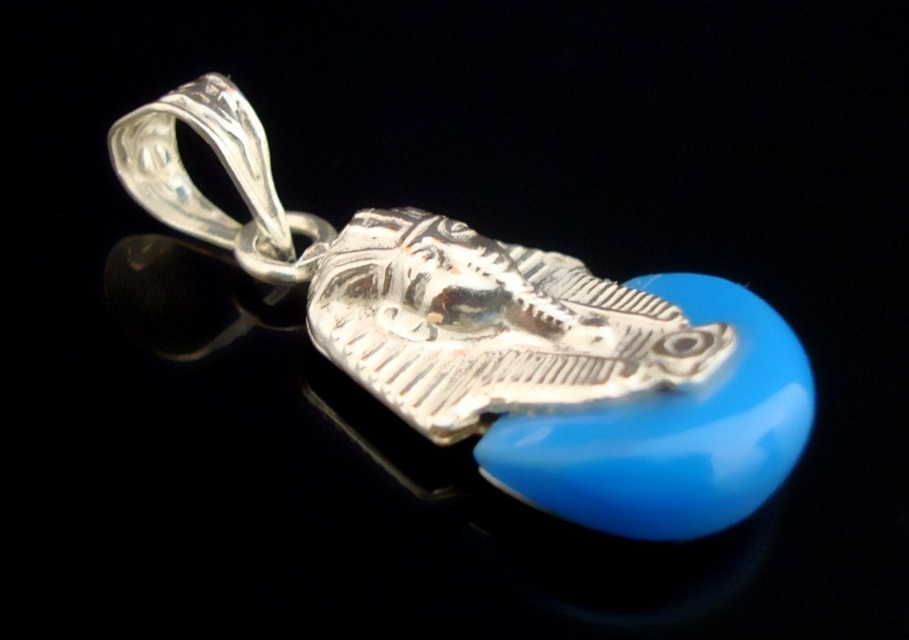 Egyptian Solid Sterling Silver Inlaid Tutankhamun Tut King Tut Tut Mask Charm Pendant