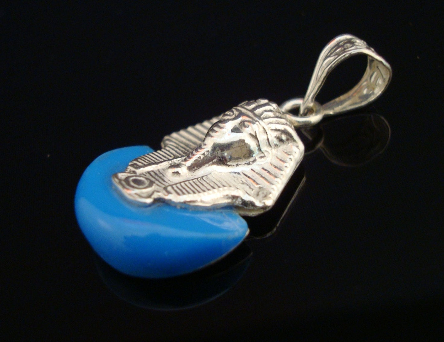 Egyptian Solid Sterling Silver Inlaid Tutankhamun Tut King Tut Tut Mask Charm Pendant