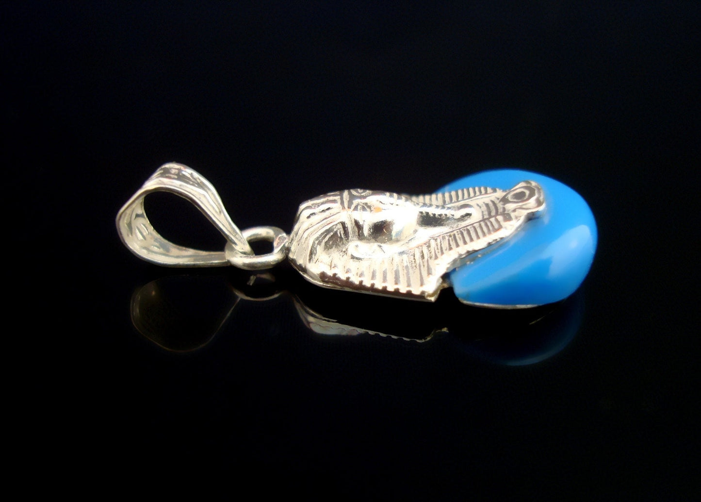 Egyptian Solid Sterling Silver Inlaid Tutankhamun Tut King Tut Tut Mask Charm Pendant