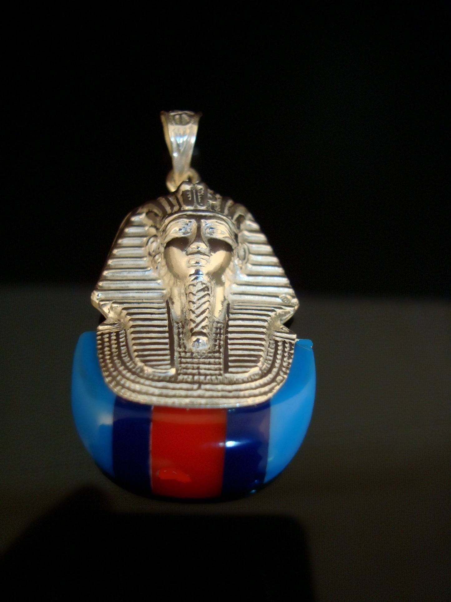 Egyptian Solid Sterling Silver Colored Inlaid Tutankhamun Tut Mummy Pendant