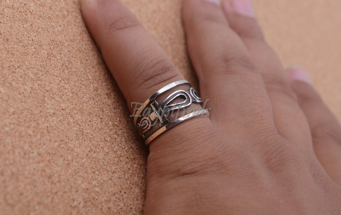 Egyptian Solid Sterling Silver Hallmarked Life Key Ankh And Lotus Ring