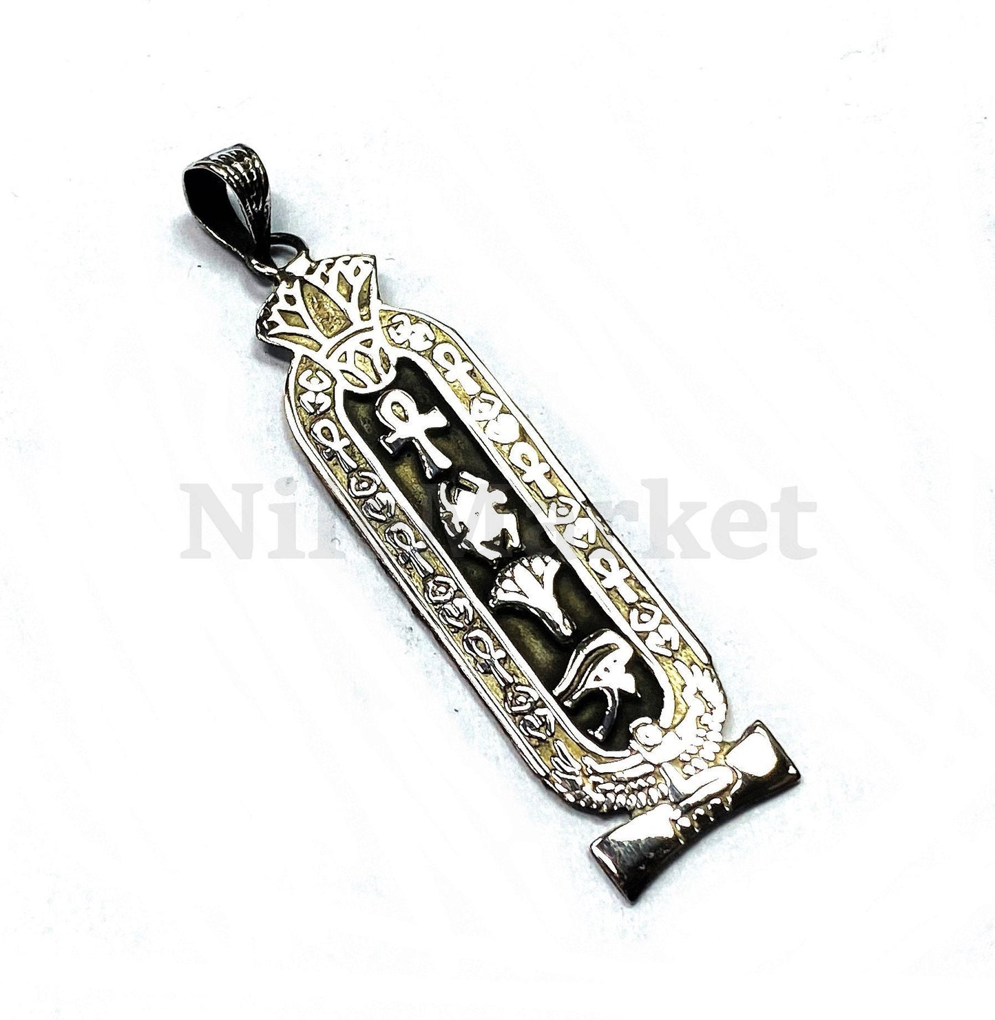 Egyptian Lotus And Winged Isis  Personalized Sterling Silver Cartouche Pendant  , Name Cartouche Charm - Egyptian Jewelry