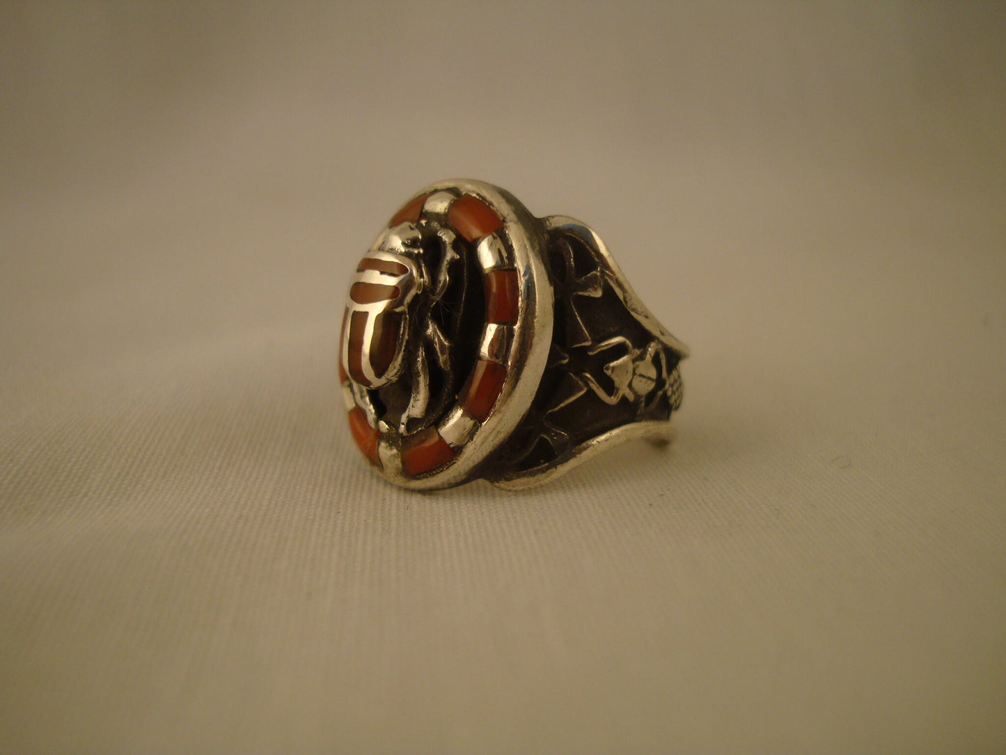 Breathtaking Egyptian Sterling  Silver Inlaid Carnelian Raised Scarab Ring