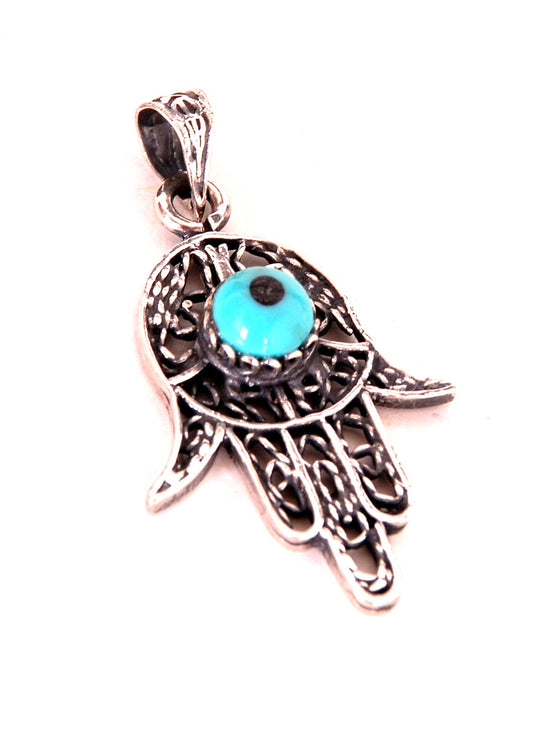 Lrg Tribal Solid Silver Filigree Khamsa Hamsa Hand of Fatima Charm Pendant Evil Eye Charm Pendant Protection