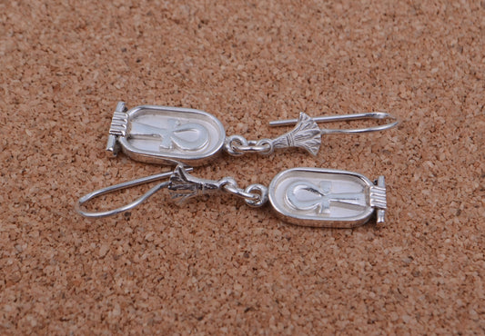Egyptian Sterling Solid Silver Ankh Life key In Cartouche Earrings Key Of Life Earrings
