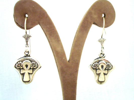Lrg Egyptian Hand Made Sterling Silver Ankh With Lotus Thick Earrings