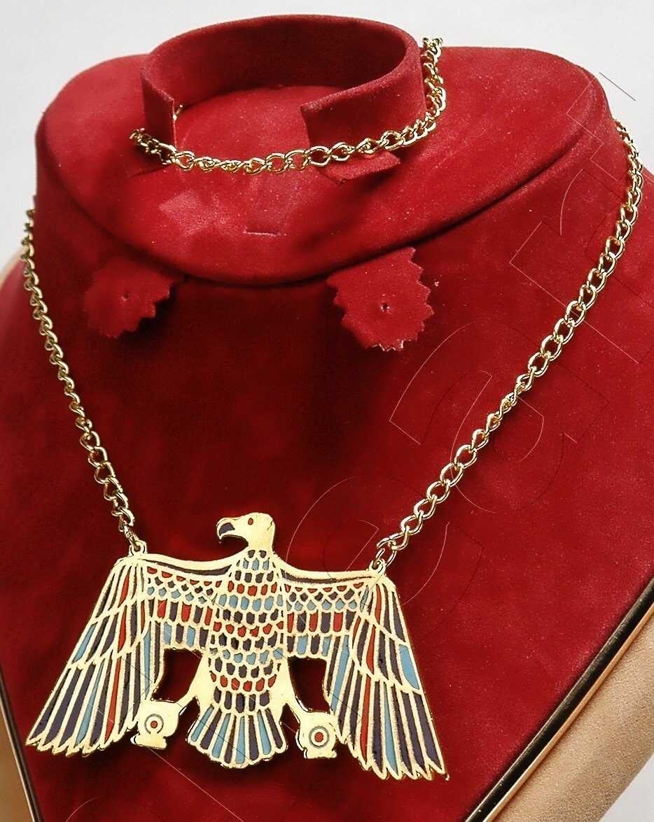 Egyptian Solid Brass Vulture As Nekhbet Enamelled Necklace