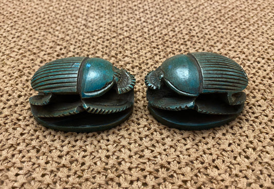Outstanding Group Of Two Glazed Faience Scarabs Beetle Statue with Hieroglyphic On