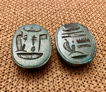 Outstanding Group Of Two Glazed Faience Scarabs Beetle Statue with Hieroglyphic On