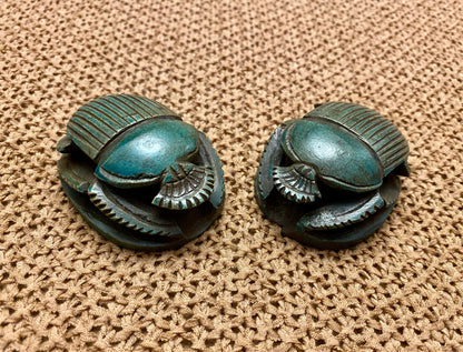 Outstanding Group Of Two Glazed Faience Scarabs Beetle Statue with Hieroglyphic On