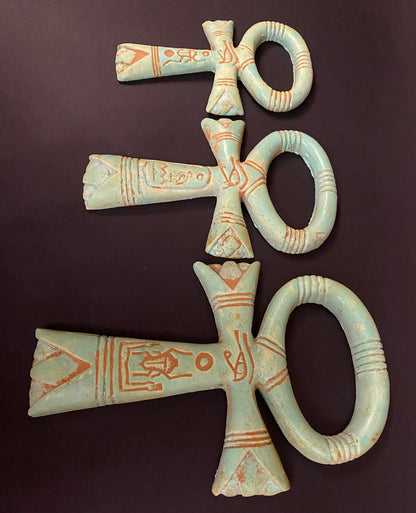 Magnificent Group Of 3 Faience Glazed Ankh Life Key Figures With Eye Of Horus On