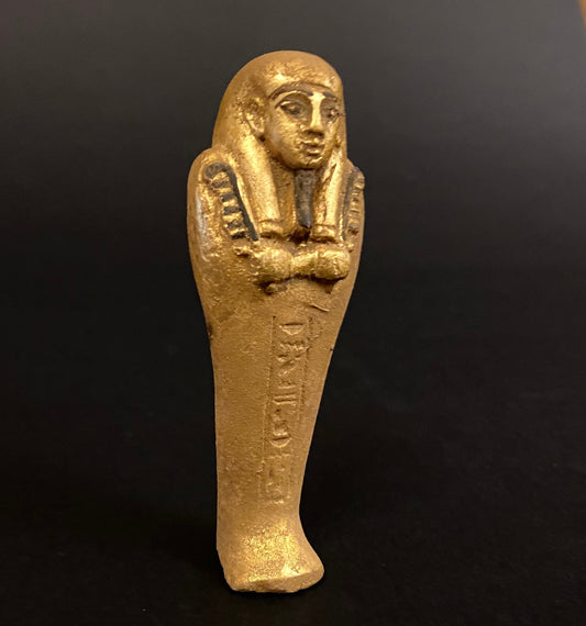 Unique Ancient Egyptian Gilded Ushabti Wearing a tripartite Wig Statue