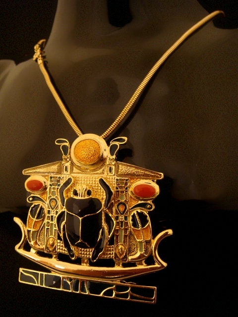 Amazing Egyptian Huge Hand Made Detailed 24K gold Plated Scarab Necklace Scarab Jewelry Scarab Pendant Cobra Pendant Ureas Pendant