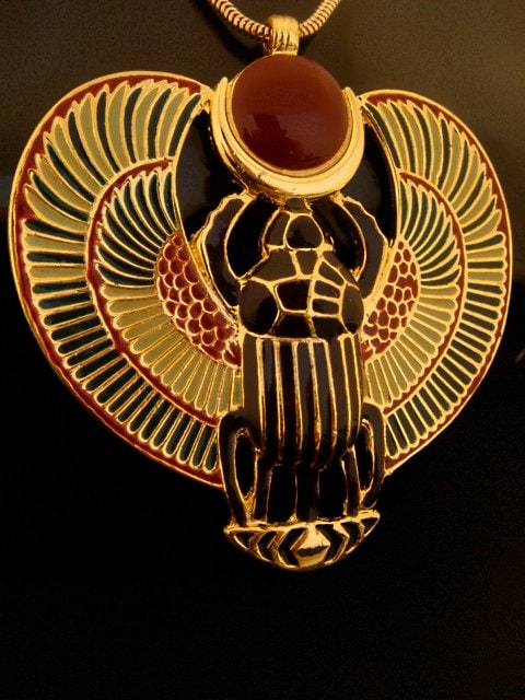 Amazing Egyptian Large Enameled 24K Gold Plated  Winged Scarab Necklace Scarab Jewelry 24K gold Plated Scarab Pendant Khepri Necklace