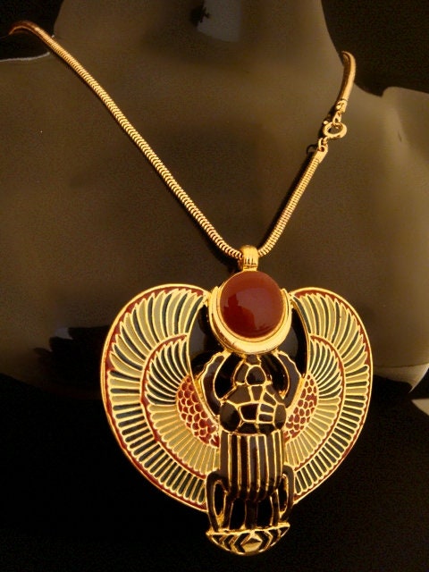 Amazing Egyptian Large Enameled 24K Gold Plated  Winged Scarab Necklace Scarab Jewelry 24K gold Plated Scarab Pendant Khepri Necklace