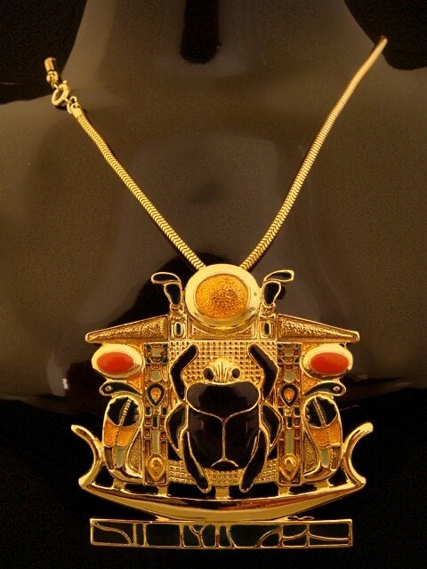 Amazing Egyptian Huge Hand Made Detailed 24K gold Plated Scarab Necklace Scarab Jewelry Scarab Pendant Cobra Pendant Ureas Pendant